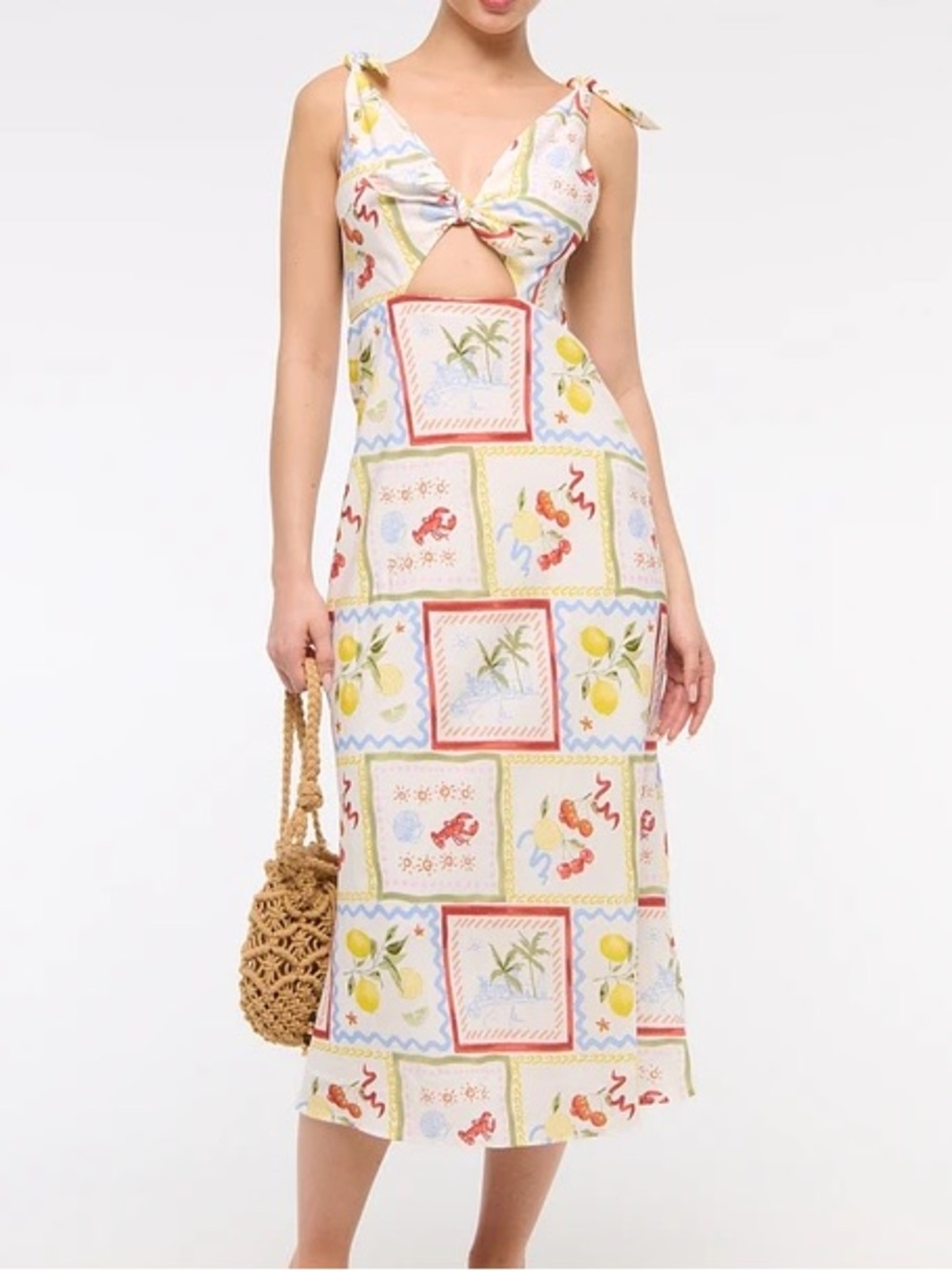 Abercrombie & Fitch White Midi Dress with Pastel Yellow, Blue & Red Prints